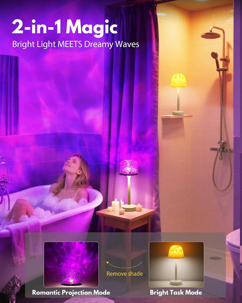 Woman in a bathtub with purple lighting, text '2-in-1 Magic' and product images.