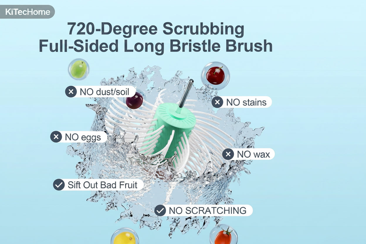 720-degree scrubbing full-sided long bristle brush with features on a blue background